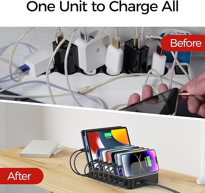 Unitek 8 Port USB Charger Dock - 2 PD 20W USB-C + 6 USB-A Ports Fast Charging Station for iPhone, iPad, Samsung Devices - Black Multi Tablet Holder & Organizer