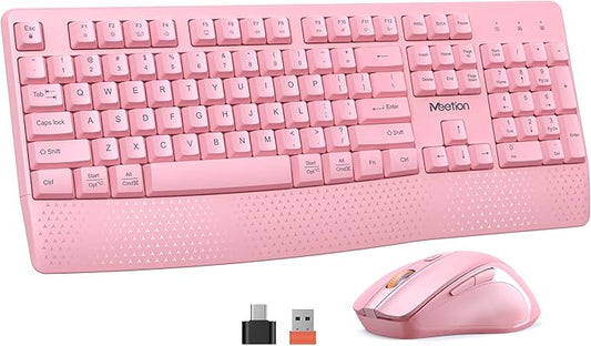 MEETION Wireless Keyboard and Mouse, Full-Sized Cordless Keyboard with Wrist Rest, 3 DPI Adjustable Mouse, Keyboard and Mouse Set with 2.4GHz USB Receiver, for PC/Computer/Laptop/Windows/Mac, Pink