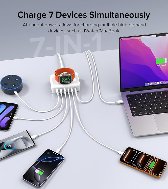 170W USB C Charging Station Block, Travel Charger for Multiple Devices, USB C Charger Plug for iPhone 17 16 15 14 13 Series, Apple Watch Ultra SE 10 9 8 7 6 5 4 3 2, AirPods, MacBook Pro Air, iPad