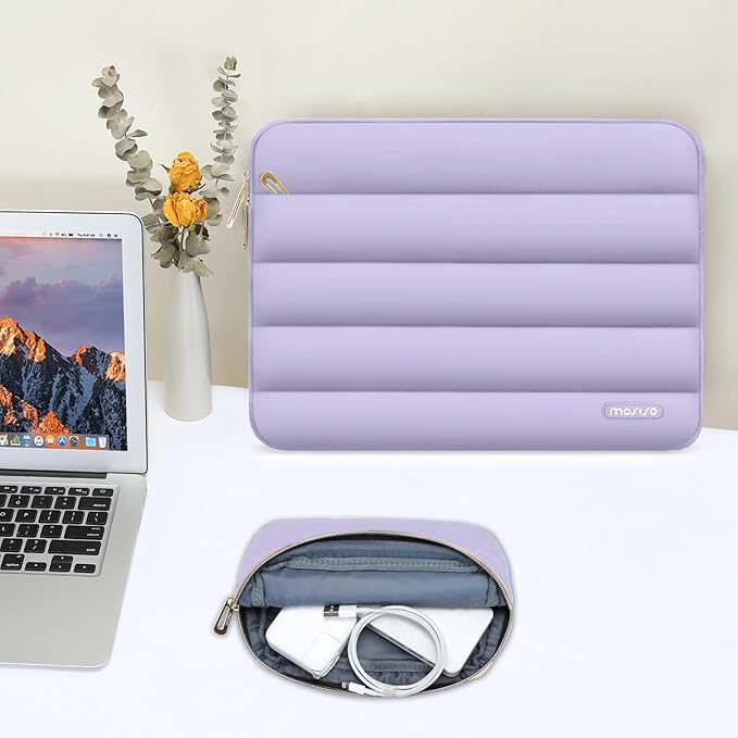 MOSISO Laptop Case 13.3 inch,13-13.3 inch Puffy Laptop Sleeve Compatible with MacBook Air 13.6 M5 M4 M3 M2 M1/Neo/Pro 13/14,HP Dell ASUS Lenovo,Polyester Horizontal Bag with Small Case, Purple