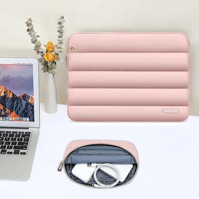 MOSISO Laptop Case 14 inch, 14 inch Puffy Laptop Sleeve Compatible with HP Lenovo Dell ASUS Acer, HP Stream, Dell Latitude, Lenovo IdeaPad, Polyester Horizontal Bag with Small Case, Pink