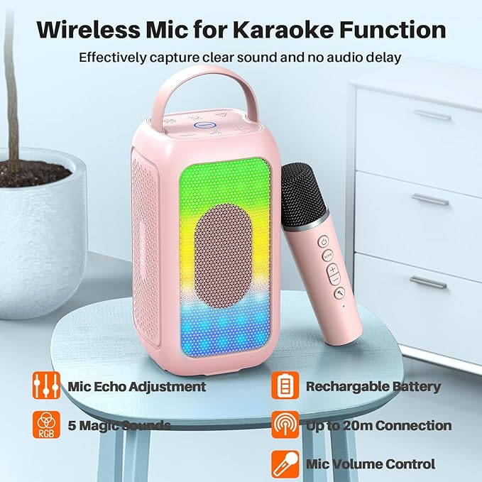 Bobtot Portable Bluetooth Speaker, 16H Playtime Wireless Speakers, Peak Singing Machine with Microphone, Magic Sound, Echo, EQ Mode (Pink, with 1 Mic)