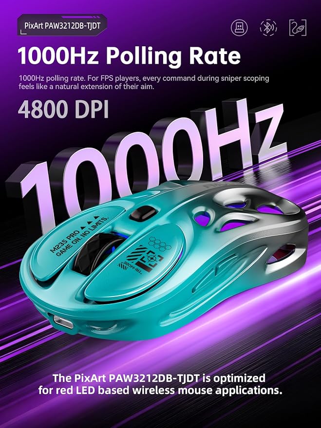 Tri-Mode Wireless Mouse (2.4G/Bluetooth/Wired), 4800 DPI, Macro Programming, RGB, Rechargeable Type-C for Mac/Laptop/iPad (Gaming Focus) - Turquoise & Gray Gradient