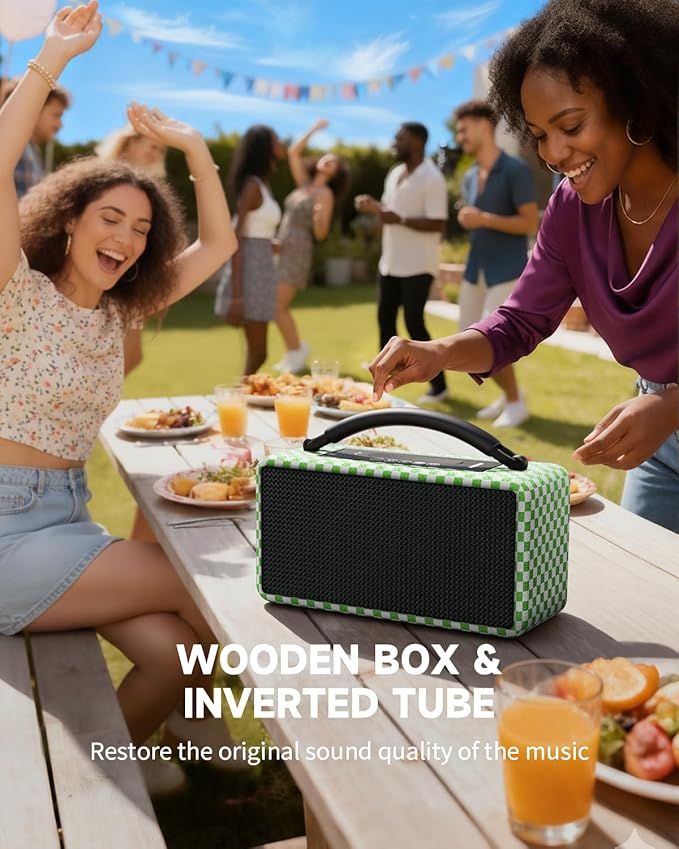 DINDIN Portable Bluetooth Speaker: 80W (Peak), 20H Playtime, Loud Wireless Wood Speakers with Bass, AUX and USB Input, Subwoofer, TWS Pairing, Vintage Speaker for Outdoor, Home, Office (White+Green)