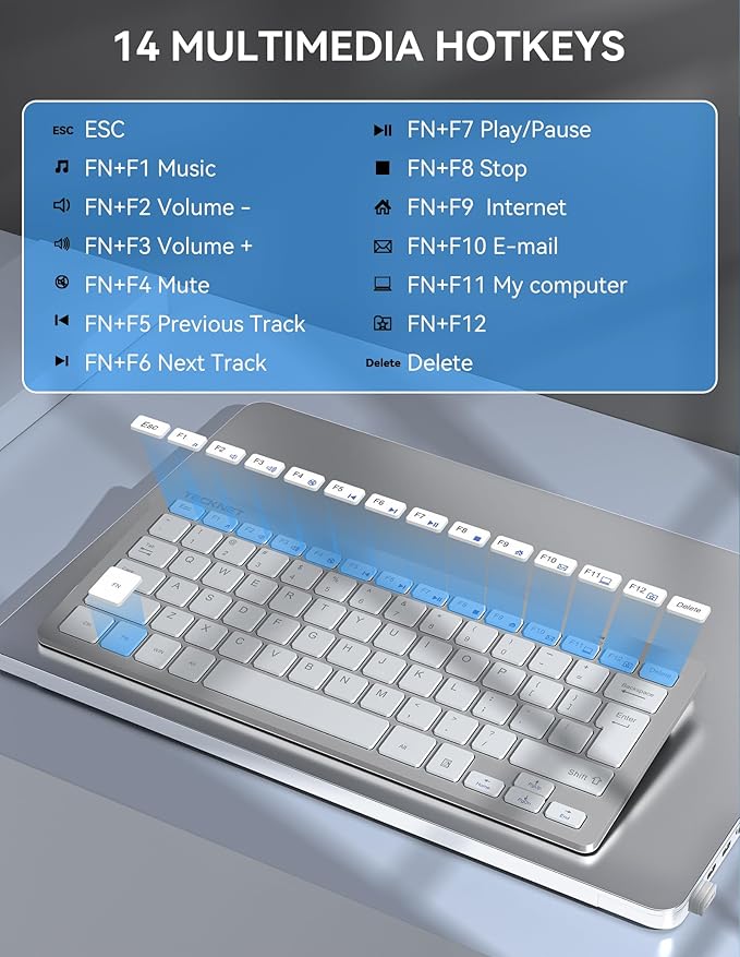 TECKNET 2.4G Wireless Keyboard, Ultra Slim Compact Computer Keyboard with Media Hotkeys, Silent Small USB Keyboard for Laptop PC Desktop Smart TV Notebook Chromebook-Silver