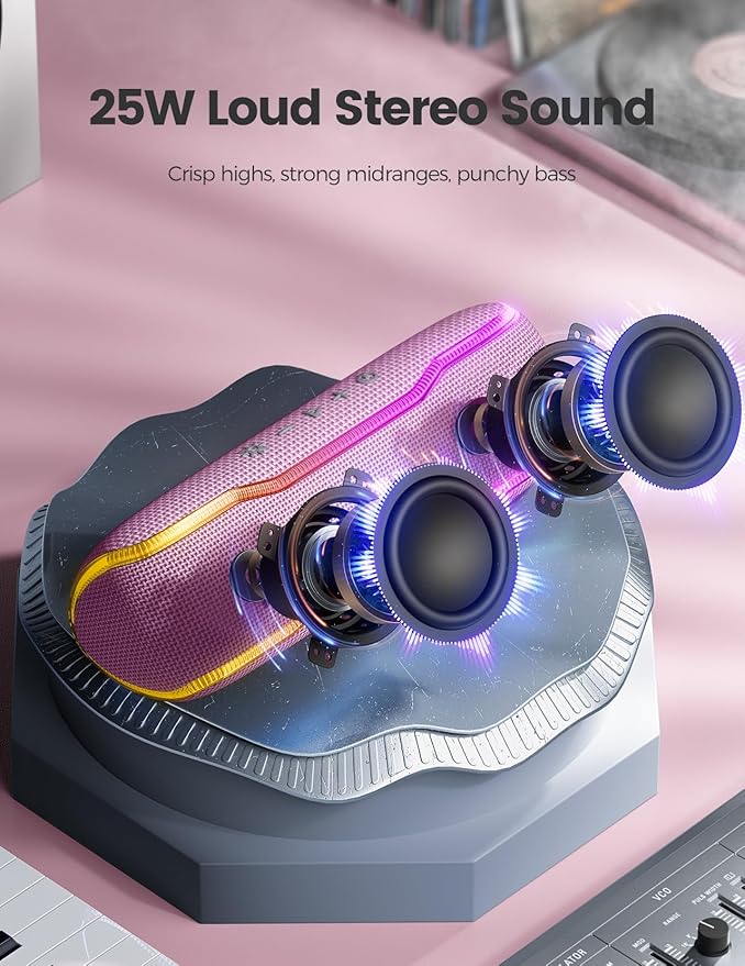 ERKEI SEHN Bluetooth Speaker, IPX7 Waterproof Wireless Speakers, Flashing Light, 25W Super Bass, 24H Playtime, Birthday Valentines Gifts for Him/Men, TWS Pairing, Beach Vacation Essentials, Pink