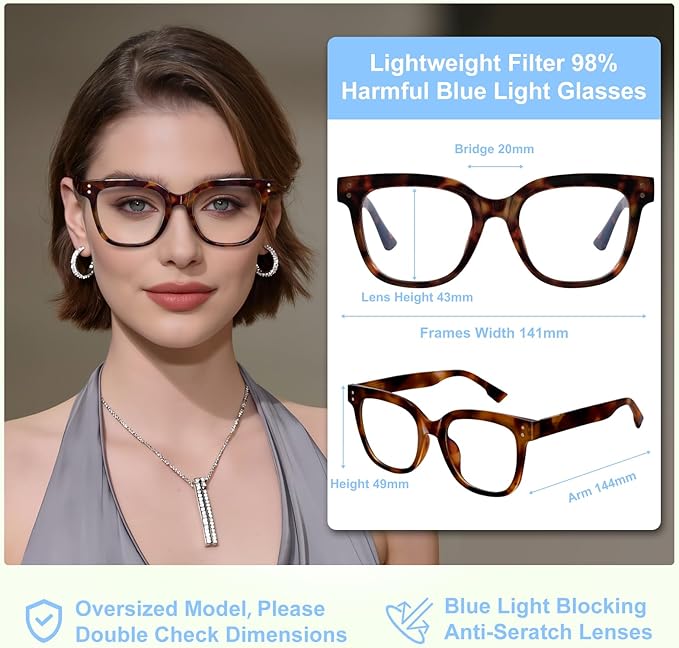Oversized Blue Light Blocking Glasses for Women & Men - 3 Pack Fashion Computer Eyewear with Anti-Glare & UV400 Protection for Eye Strain Relief, Sleep Support & Daily Office Use