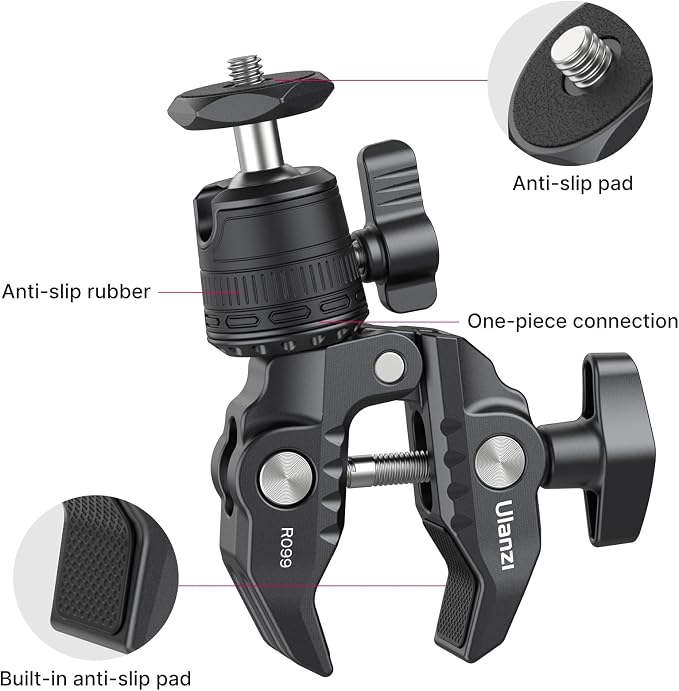 ULANZI R099 Super Clamp Camera Mount with 360° Ballhead for Bike/Bicycle/Motorcycle Handlebar Pole Tripod Tube Crossbar Gimbal Rods Mount for Insta360/GoPro/AKASO/DJI/Phone/DSLR/Light/Monitor - Image 6