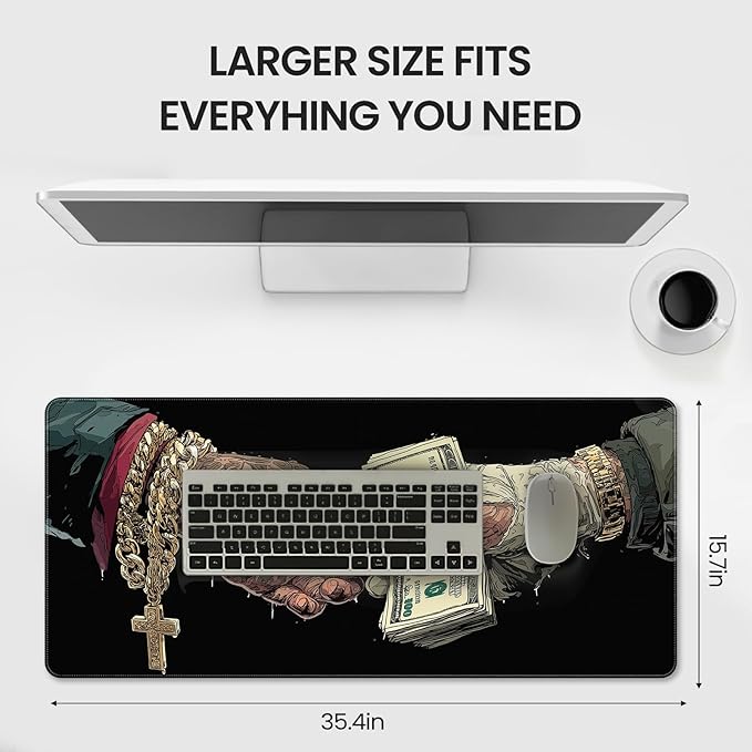 Extended Gaming Mousepad with Cross and Dollar Bill Designs, 35.4 x 15.7 inches, Featuring a Non-Slip Base and Waterproof Surface, Suitable for Home Office and Work environments.