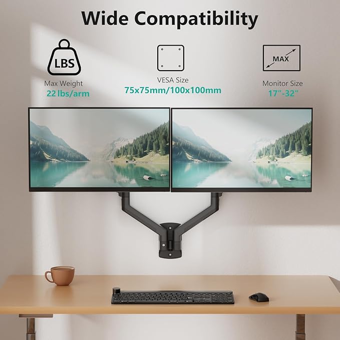 WALI Dual Monitor Wall Mount for 17 to 32 inch Screens, Monitor Wall Mounts for 2 Monitors, Holds up to 22 lbs, Fully Adjustable Monitor Arm,75x75/100x100 VESA Wall Mount (GSWM002), Black