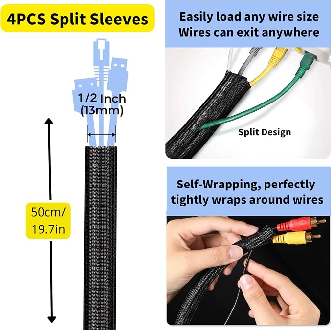 [313Pcs] Cable Management Kit, 67 Adhesive Cable Clips, Topavatop Desk Cord Organizer, 22 Reusable Cable Strap, 4 Cable Sleeve Split, 200 Nylon Cable Zip Ties with 20 Mounts for TV Office Home, Black - Image 5