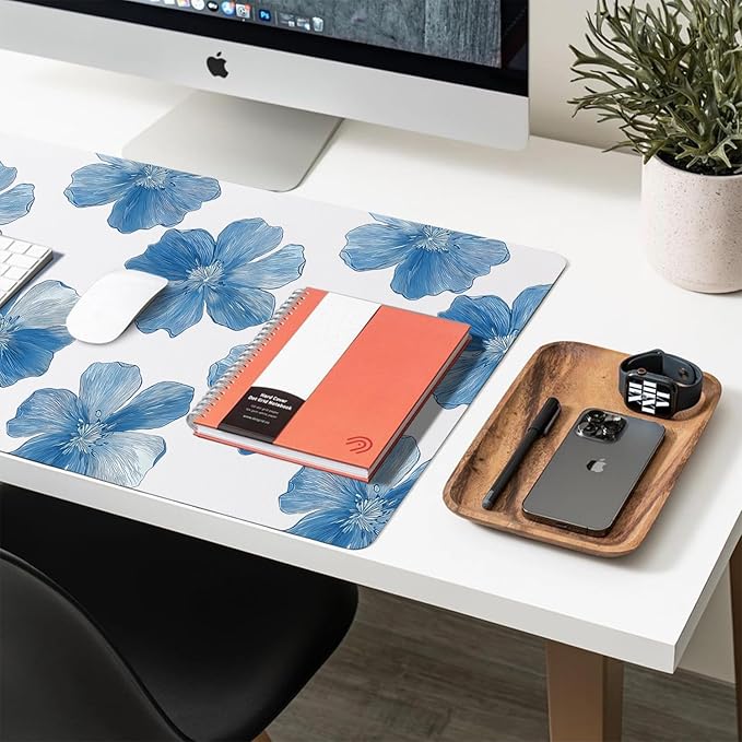 Large Mouse Pad, Blue Floral Desk Mat for Desktop, Women Girls Flowers PU Leather Waterproof Desk Pad, Computer PC Laptop Protector Gaming Mouse Pads for School Office Home (23.6" x 11.8")