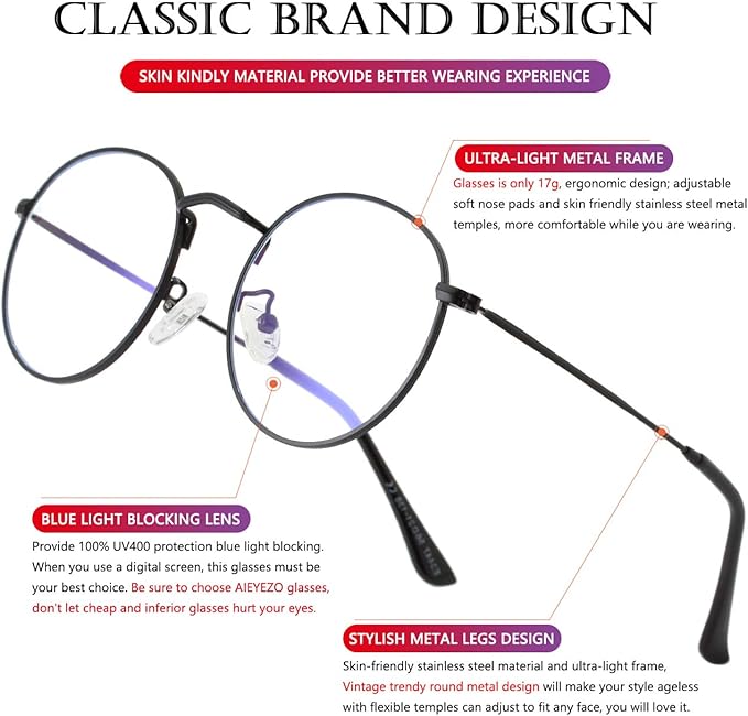 AIEYEZO Blue Light Glasses for Women Men Fashion Retro Circle Wire Frames Eyeglasses Anti-Blue Light Computer Gaming Glasses