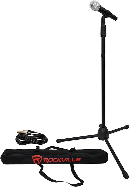 Rockville Wired Pro MIc Kit 1 - High-End Metal Microphone+Mic Stand+Carry Bag+Cable, Black