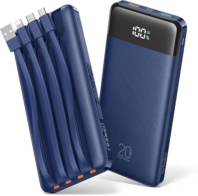 20000mAh Power Bank Fast Charging, Portable Charger with 4 Built-in Cables & 6 Outputs, 20W PD USB C Battery Pack Compatible with iPhone 16/15, Galaxy, Android, iPad & More (Travel Essential)