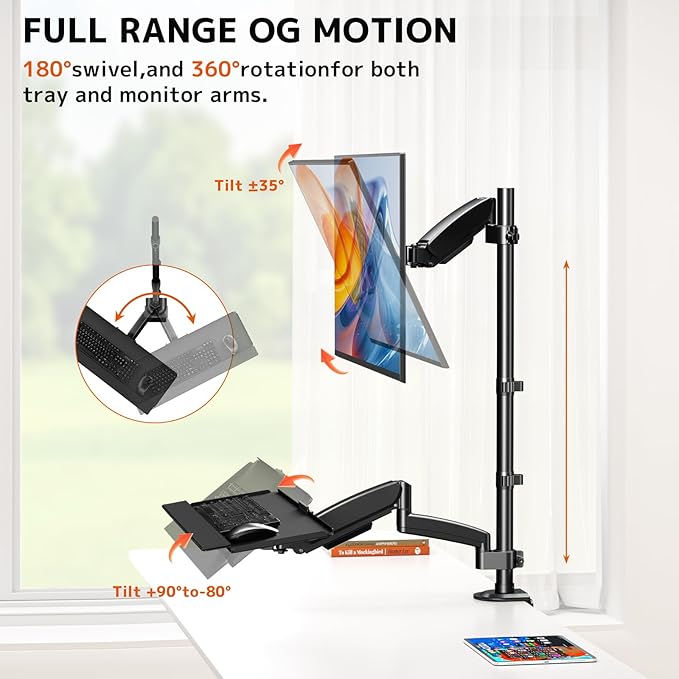 PUTORSEN Sit Stand Monitor Desk Mount for 17-32 inch Screens, Height Adjustable Full-Motion Articulating Arm with Keyboard Tray,19.8 lbs Monitor & 2.2lbs Tray Capacity, C-Clamp & Grommet Mount,Black