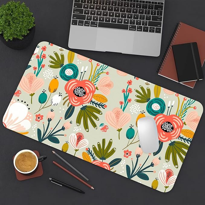Desk Mat Large Protector Pad 23.6" ×11.8", Non-Slip PU Leather Desk Blotter, Waterproof Mouse Pad for Office Home Green Floral