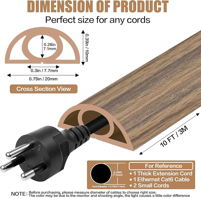 Floor Cord Cover Self Adhesive Cord Hider,10FT Cable Management, Extension Strip Protector for Wires, Prevent Cable Trips for Offices, Gyms, Exhibitions Cavity:0.3"(W) x0.28(H) Woodsmokedbrown - Image 2
