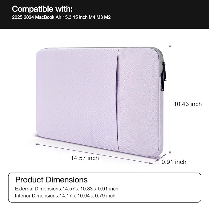 CaseBuy MacBook Air 15 inch Sleeve Water-Resistant Protective Case for 2025 2024 MacBook Air 15 M2 M3 M4 M5 Chip A3448 A2941 A3241 Laptop Carrying Case Cover Slim Traveling Accessories Bag -Purple