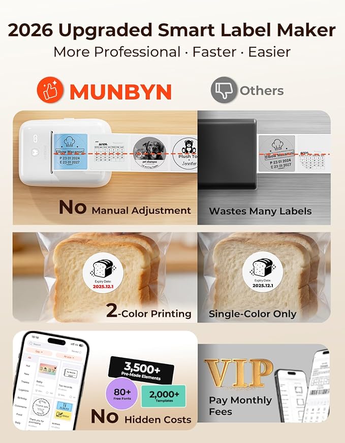 MUNBYN 6-in-1 Label Printer & Sticker Printer, Bluetooth Thermal Printer for Phone & PC, 2-Color Printing with Auto-Center Alignment, Barcode, Custom Labels, Address & Logo Labels, 1 Roll Included