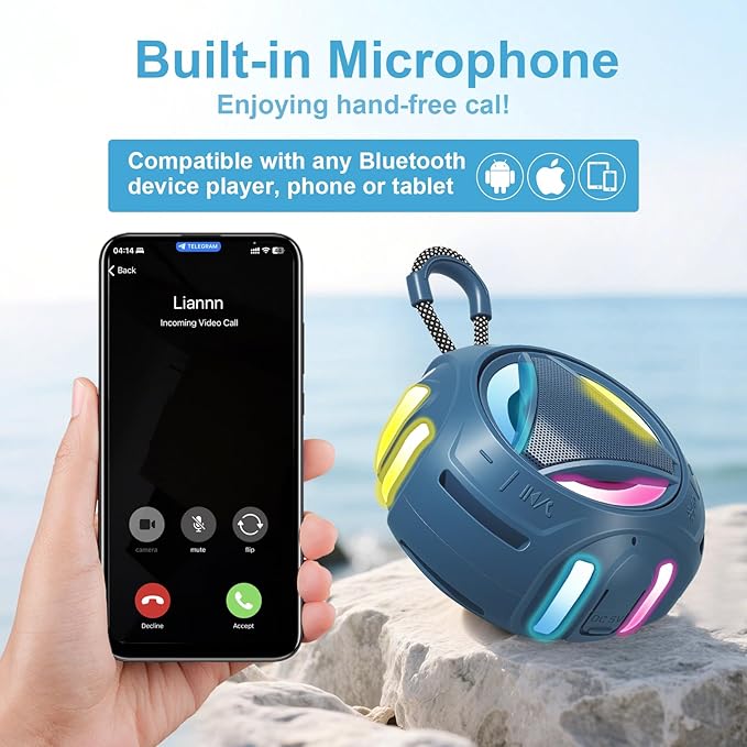 Portable Bluetooth Speaker, IPX7 Waterproof Shower Speaker, Wireless Outdoor Speakers, Floating, Built-in Mic, 24H Playtime with LED Lights, Loud HD Sound, Powerful Bass, Gifts for Unisex - Blue