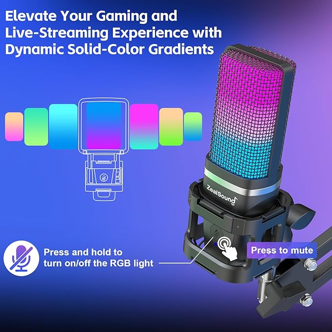 ZealSound Gaming Microphone, USB Mic for PC with Noise Cancellation, RGB, Mute, Gain Control, Zero-Latency Monitoring, Boom Arm, Tripod Stand & Pop Filter, for Mac, iPhone, Streaming, Twitch, YouTube