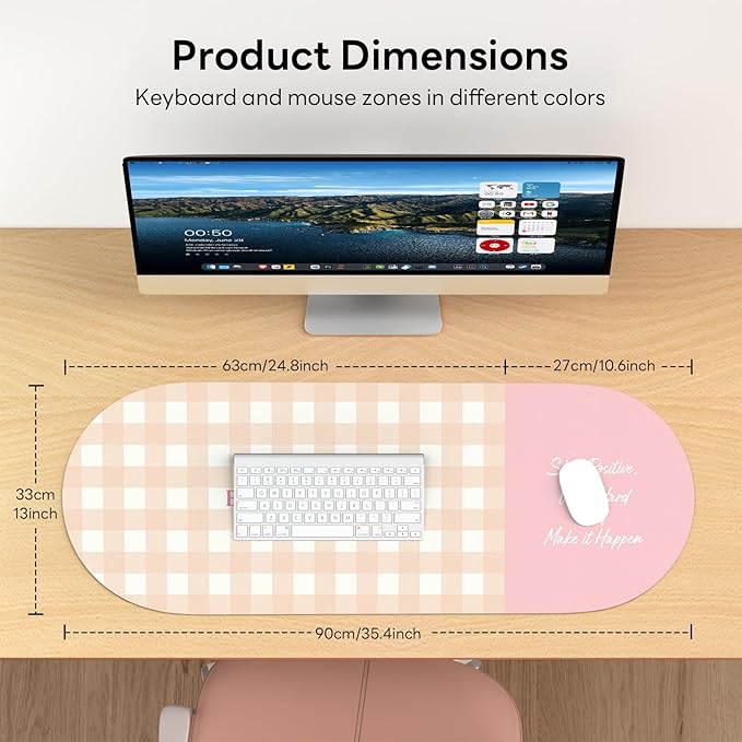 Checkered Pattern Desk Pad Protector, 35.5 x 13'' Aesthetic Mouse Mat for Desktop, Waterproof PU Leathe Non-Slip Desk Writing Pad for Office and Home, Orange and Pink