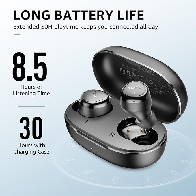 TOZO Wireless Earbuds Build in Mic Clear Calls Ergonomic Light Weight Bluetooth 5.3 in Ear Headphones Waterproof Premium Stereo Sound Ear Buds 30H Playtime with 32 EQs via APP