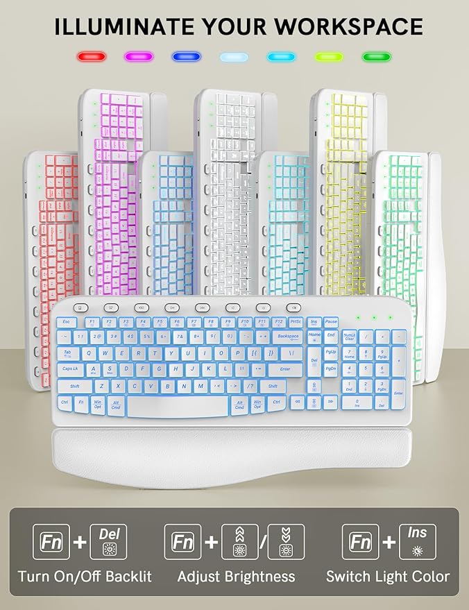 SABLUTE Ergonomic Wireless Keyboard and Mouse Combo - Wave Keyboard with Soft Leather Wrist Rest, Resistant Keys, RGB Backlit Rechargeable Set for PC/Mac/Chromebook (White)