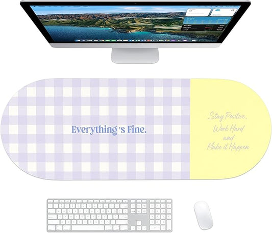 Checkered Pattern Desk Pad Protector, 35.5 x 13'' in Aesthetic Mouse Mat for Desktop, Waterproof PU Leathe Non-Slip Desk Writing Pad for Office and Home, Purple and Yellow