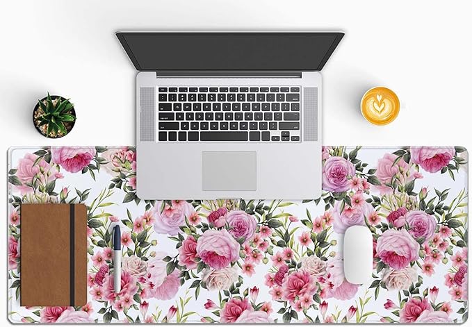 Floral Pattern with Roses Desk Mat Pink Large Extended Mouse Pad XL Desk Pad Gaming Mousepad Keyboard Mouse Mat for Computer Laptop 31.5''X11.8'' Non-Slip Rubber Base with Stitched Edges