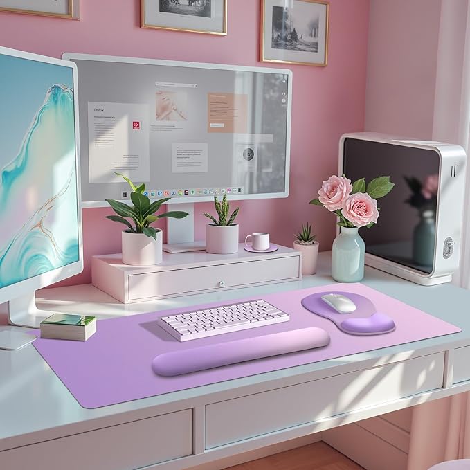4-in-1 Large Gaming Mouse Pad, Keyboard Wrist Rest Pad & Wrist Support Mousepad Set, Extended Desk Pad Waterproof Desk Mat for Home Office Decor Study Game 35.4×15.7 Inches I Purple Pink Lavender