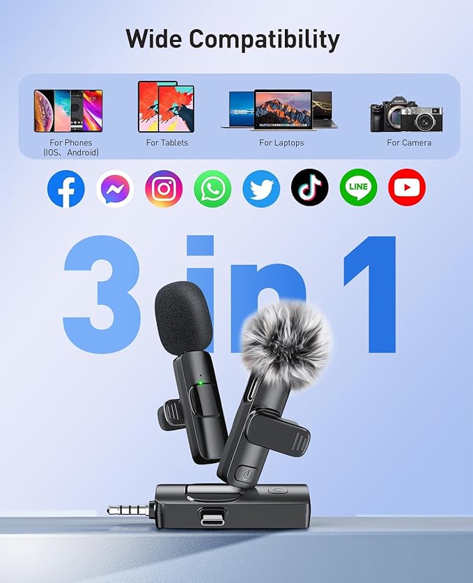 3-in-1 Mini Microphone for iPhone: Wireless Lavalier Microphone with 80ft Range & 15H Battery - Noise Reduction Lapel Mic, Real-Time Monitoring for Video Recording, Vlog, Bright Black