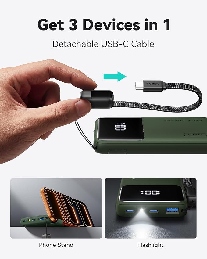 INIU Small Portable Charger, 45W PD Fast Charging 10000mAh Power Bank, Battery Pack with Attached USB C Cable, Travel Essentials Powerbank for iPhone 17 16 15 14 Pro Air, Xiaomi, Samsung S25, Green