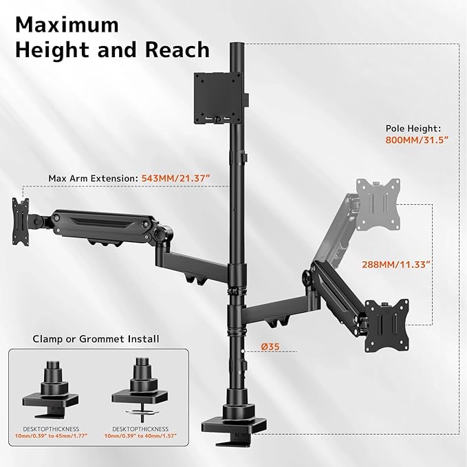 Triple Monitor Mount up to 49 inches, Fully Adjustable Heavy Duty 3 Monitor Arm with Gas Spring, Desk Mount for 3 Screens, C-Clamp & Grommet Base, Holds 44 lbs, Black