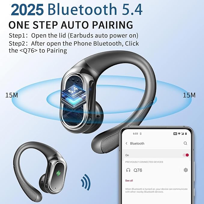 Wireless Earbuds, 2026 Bluetooth 5.4 Headphones Sport, 50Hrs HiFi Stereo Deep Bass Over-Ear buds with ENC Noise Cancelling Mic, IP7 Waterproof & LED Display Earphones with Earhooks for Workout/Running
