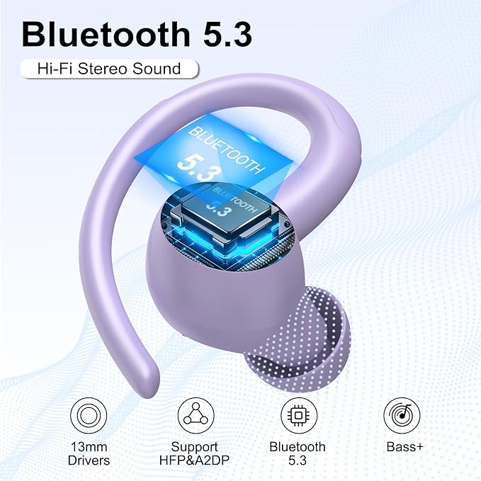 Wireless Earbuds Bluetooth 5.3 Headphones Sports, 48H Over Ear Buds with ENC Mic, Stereo Deep Bass Bluetooth Earbuds with Secure Earhooks, LED Display, IPX7 Waterproof Earphone for Running/Gym Purple