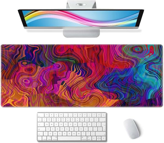 Art Abstract Colorful Chaotic Waves Pattern Mouse Pad (31.5 × 11.8 × 0.12 inch) Extended Large Mouse Mat Desk Pad, Stitched Edges Mousepad,Non-Slip Rubber Base,Gaming Mouse Pad XL