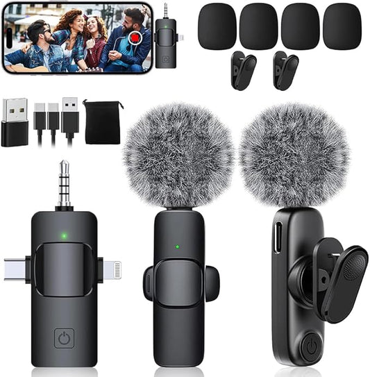 Mini Microphone,3 in 1 Wireless Lavalier Microphones for iPhone/iPad/Android/Camera(Lightning/USB/3.5 mm Jack),2 Pack Bluetooth Microphone with on Mute/Noise for Video Recording Vlog,Youtube,Tiktok
