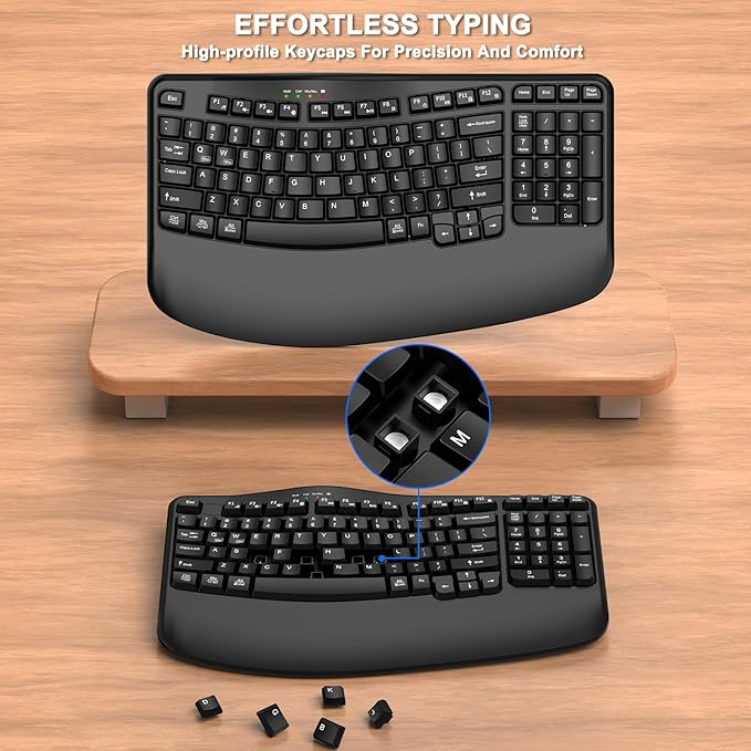 EDJO Ergonomic Wireless Keyboard with Wrist Rest, Wave Keys, Comfortable Natural Typing, 2.4GHz Ergo Wireless USB Computer Keyboard for Multi-OS, Windows, Mac OS, Laptop, PC (Black)