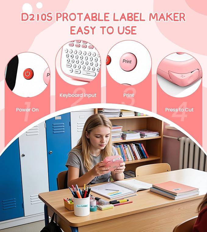 Label Maker Machine with Tapes Bundle, Pink Label Maker Waterproof-Labels, Desktop Labeler Machine with 4PK Tapes Laminated White for Home Kids School Items, Keyboard Labeler with 16 Fonts 800+ Icons