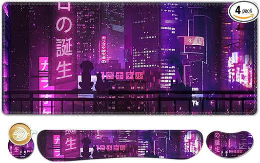 ToLuLu Extended Gaming Mouse Pad, Memory Foam Ergonomic Keyboard Mouse Wrist Rest Support Set, Large Desk Mat with Stitched Edges, Non-Slip Base Mousepad for Home Office, Neno City Anime Japanese