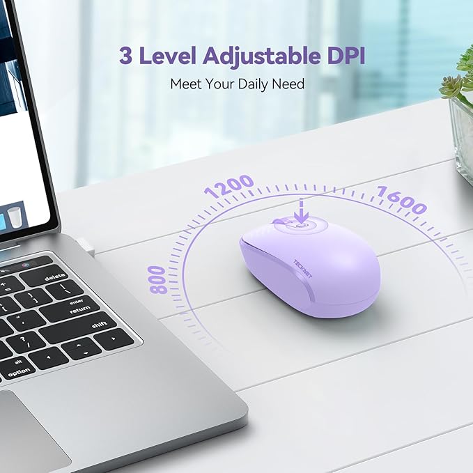 TECKNET Wireless Mouse, 2.4G Quiet Computer Mouse with USB Receiver, 4 Buttons Portable Cordless Mice for Chromebook, Laptop, PC, Mac, 800/1200/1600 DPI - Purple
