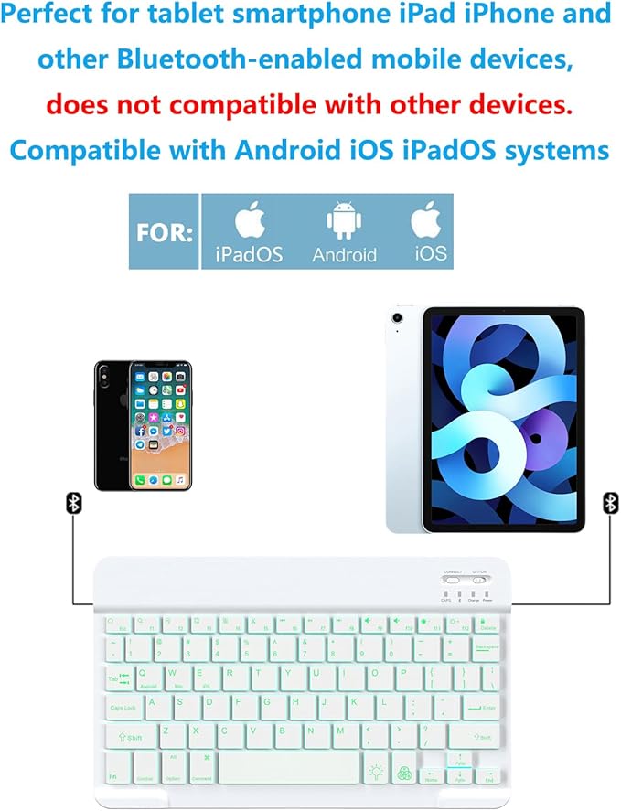 Backlit Bluetooth Keyboard Small Portable Wireless Keyboard Rechargeable Illuminated for Android Samsung Tablet Cell Phone Smartphone iPad A16 11th 10th Generation iPad Pro Air Mini iPhone (White)