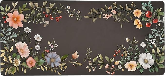 Cute Floral Aesthetic Wildflower Gaming Mouse Pad, Dark Charcoal Cottagecore Desk Mat with Anti-Slip Base & Stitched Edges, Computer Keyboard & Laptop Pad, 35.4" x 15.7" in in Workstation Accessories