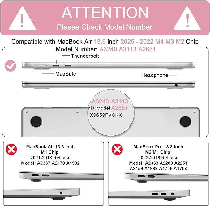 B BELK Compatible with MacBook Air 13 inch Case M5 2026 2025 2024-2022 M4 M3 M2 A3449 A3240 A3113 A2681, Plastic Hard Shell+Keyboard Cover+Screen Protector for MacBook Air 13.6 inch Case,Baby Pink Bow
