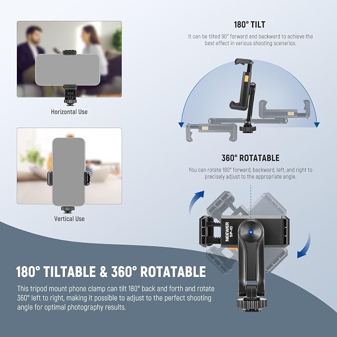 Neewer Basic Phone Tripod Mount Holder with 1/4" Thread & Cold Shoe, 2.36"-3.54"/6-9cm 360?? Rotatable Camera Mount Cellphone Clamp for iPhone 16 15 14 13 12 11 Pro Max X XR Samsung S24 Ultra, SP-10 - Image 6