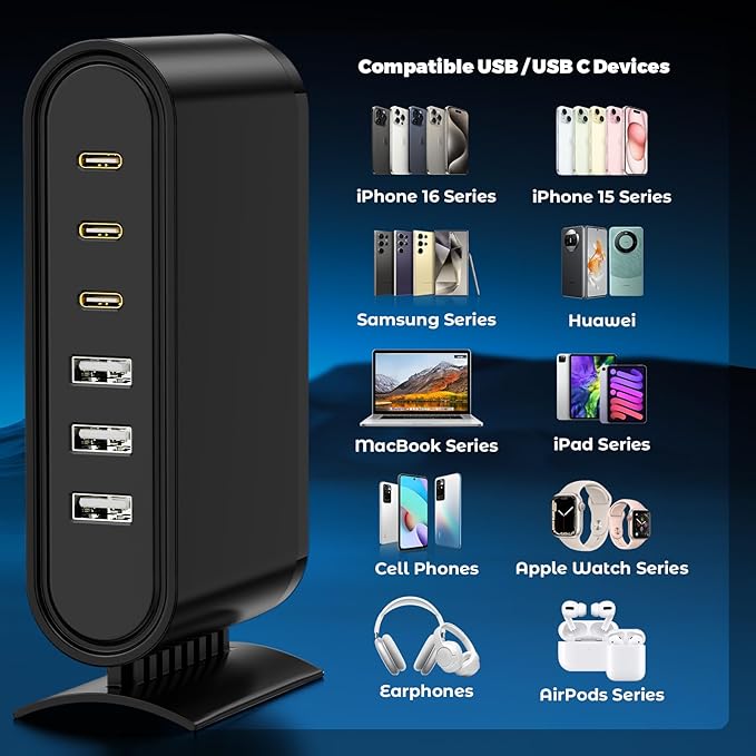 USB C Charger Block Charging Station,6 Port 3 Type C & 3 USB A Fast Charging Hub, Multi Device Wall Plug Brick for Apple iPhone 17 16 Pro Max/17 Air/15/14/iPad/Samsung Galaxy S25 Ultra/S24/S23/Android