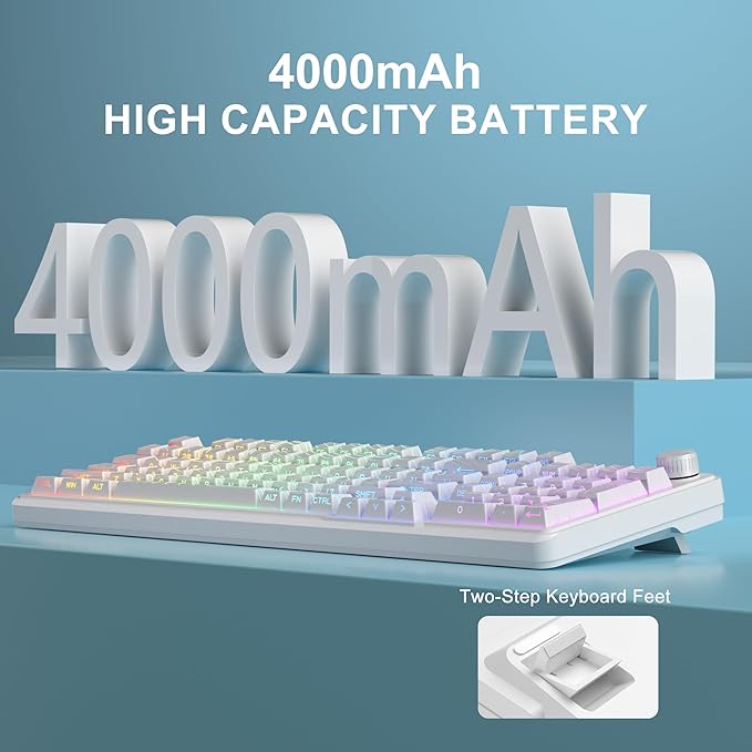 MageGee GK960 Wireless Gaming Keyboard, RGB Tri-Mode Wired/BT/2.4G Creamy Keyboard with Number Pad, 4000mAh Battery, Knob Control, Side Printed Keycaps, 19-Key Rollover for Win/Mac (White Topographic)