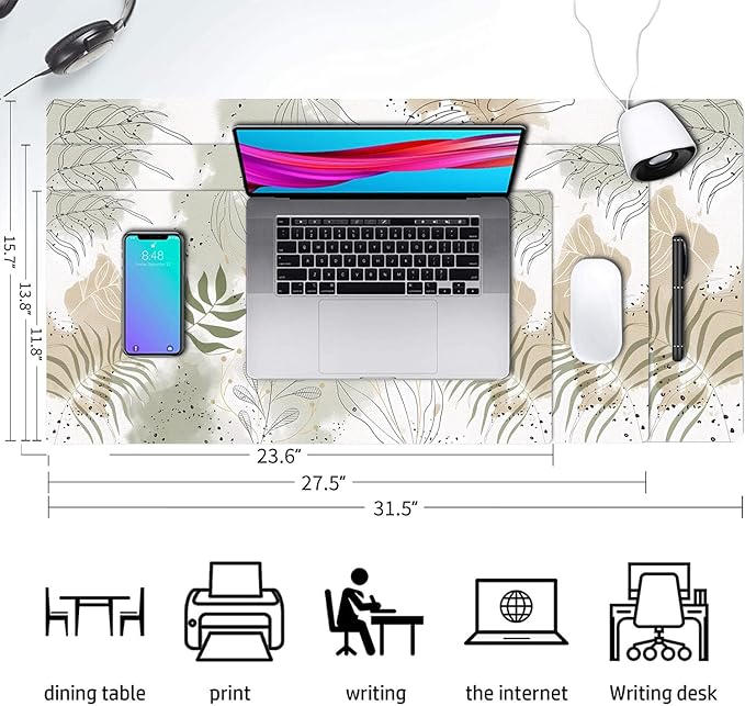 Desk Mat Large Protector Pad 31.5" ×15.7", Non-Slip PU Leather Desk Blotter, Waterproof Mouse Pad for Office Home Leaf